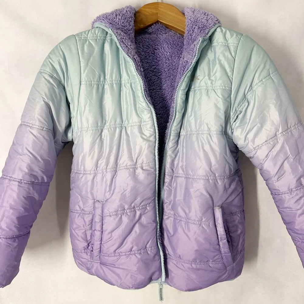 Eddie Bauer Reversible Ombre Blue Purple Puffer Fleece Jacket Kids Large 14/16